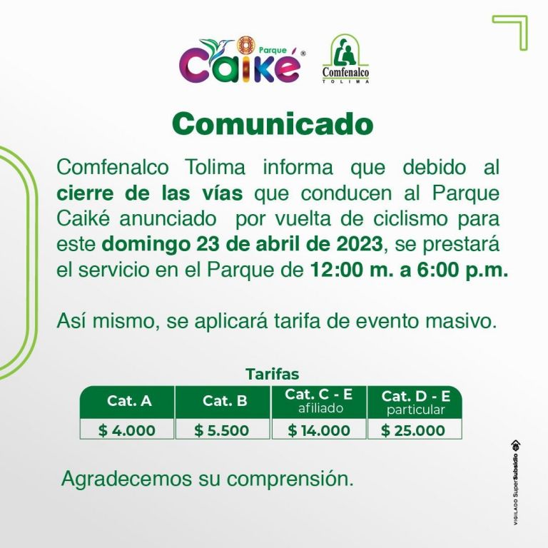 Comfenalco Tolima prestará servicio este domingo a partir de las 12 del medio día.