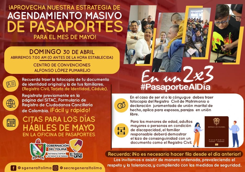 Oficina de Pasaportes de la Gobernación del Tolima abre su agenda para mayo