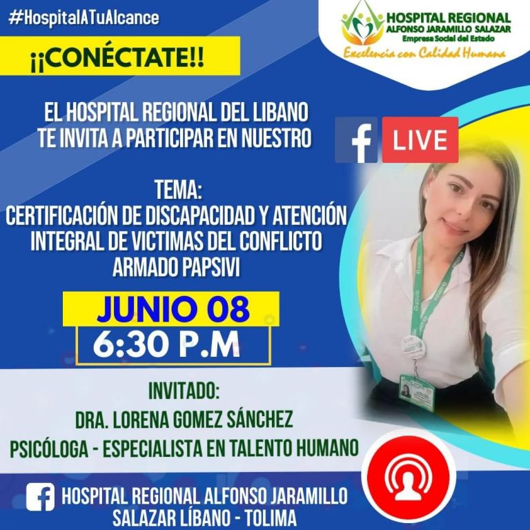 Hospital Regional del Libano invita a conectarse por Facebook Live hoy Jueves a las 6:30 PM