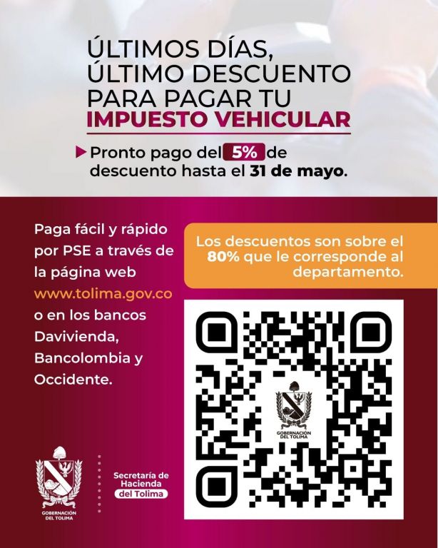 “Últimos días para obtener descuento en el pago del impuesto vehicular en el Tolima”