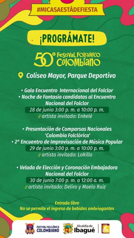 ¡Es tiempo de celebrar! Hasta el 30 junio, la #CapitalMusical vive con alegría con el 50° Festival Folclórico Colombiano.