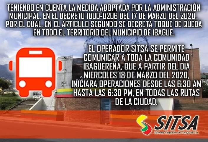 SITSA modificará horario de rutas de buses en Ibagué