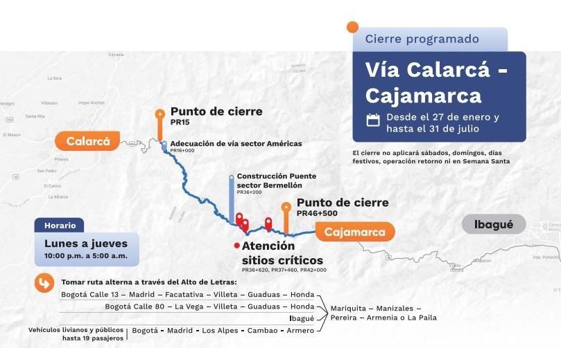 INVÍAS mantiene cierre nocturno en la vía Calarcá - Cajamarca