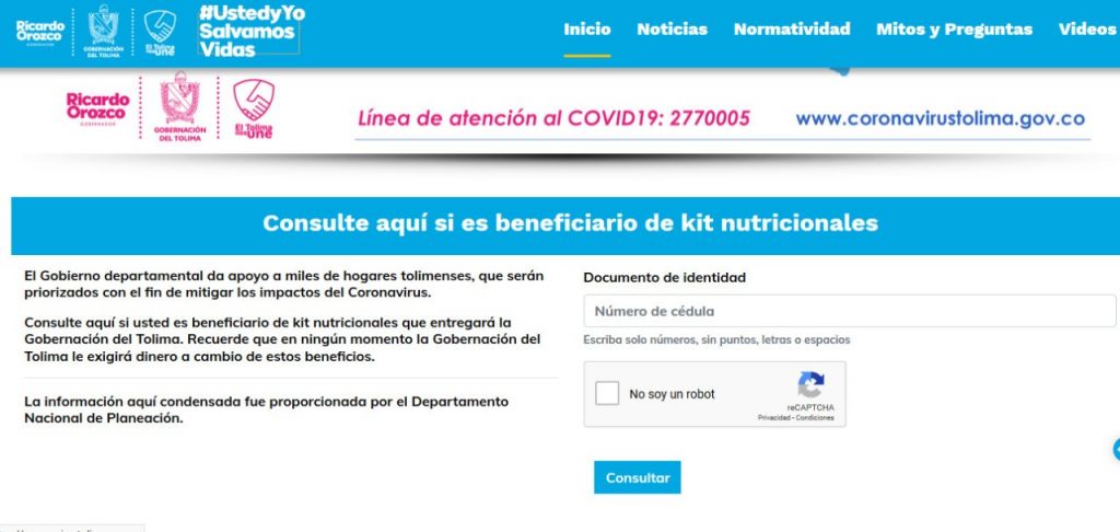 Compruebe por Internet si usted es beneficiario de los kits alimenticios que está entregando la Gobernación del Tolima