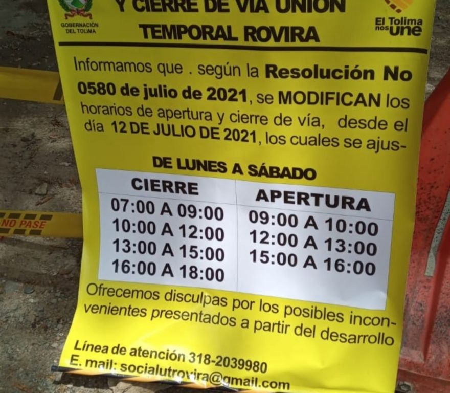 Nuevos horarios de cierre en la vía Rovira-Ibagué, por arreglos