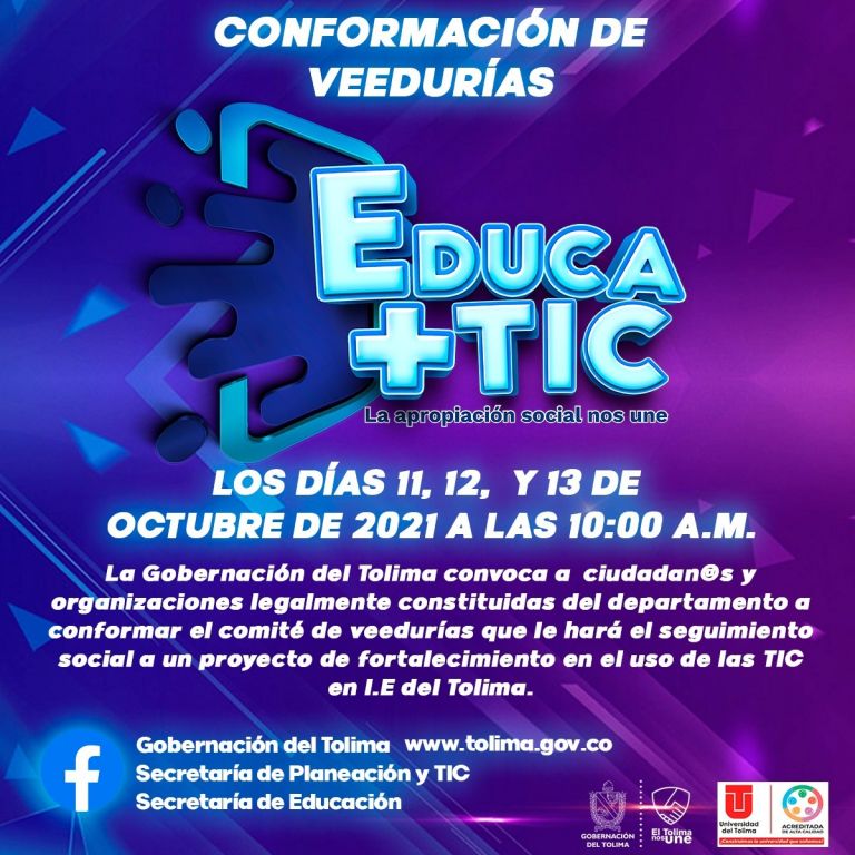 Se convoca a ciudadanos y veedurías del Tolima a participar en el control social del proyecto que fortalecerá el uso de las TIC en 4 municipios priorizados del departamento.